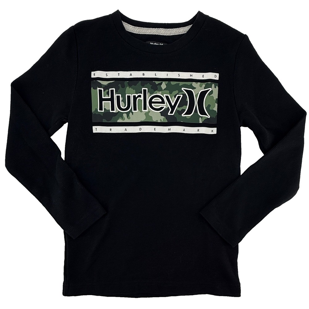 Hurley Youth 8 Waffle Knit Shirt Black Camo Logo Long Sleeve Boys